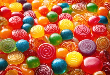 Fototapeta premium enticing macro featuring vibrant array assorted colorful candies capturing sweetness whimsy treats, candy, sweets, sugar, dessert, confection, lollipop
