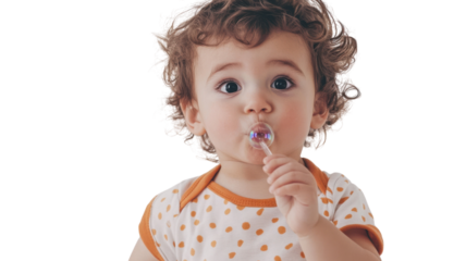 Captivating Image of a Toddler Enjoying the Joy of Pretending to Blow Bubbles Against a White Background, Perfect for Children's Themes or Parenting Blogs.