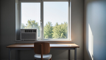 Fototapeta premium Bright air conditioner cooling small office space, comfort and efficiency