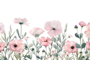 The watercolor painting showcases a delightful combination of pink blossoms and green leaves, forming an exquisite floral border that is perfect for springthemed art projects