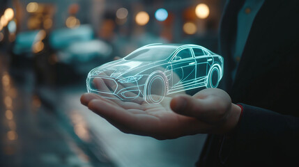 A business person holds a car shield, symbolizing automotive security and innovation