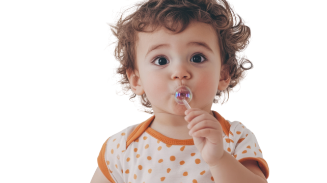 Captivating Image of a Toddler Enjoying the Joy of Pretending to Blow Bubbles Against a White Background, Perfect for Children's Themes or Parenting Blogs.