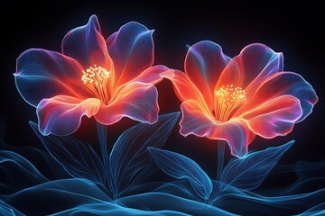 Obraz premium Two luminous lilies in vibrant neon colors against a dark background.