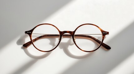 Stylish Brown Round Eyeglasses on White Background