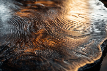 Close-up of glossy wooden surface with unique grain patterns and reflective finish