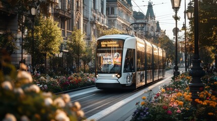 Fototapeta premium Charming urban tram travels through vibrant flower-filled street in a picturesque city at sunset. Generative AI