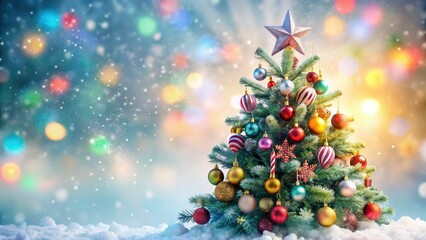 Fototapeta premium Double exposure captures a vibrant Christmas tree, adorned with colorful ornaments, candy canes, and a twinkling star.