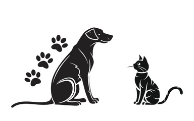 Cute dog and cat illustration with paw prints: ideal for pet-themed designs