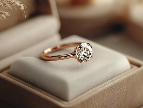 A radiant diamond engagement ring with a solitaire setting, resting atop a velvet display stand on an isolated bright white background, highlighting its brilliance and clarity. 