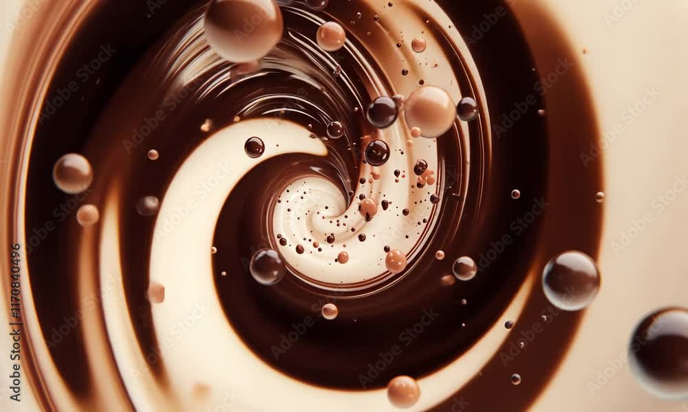 Poster concentric mocha circles merging into pastel splatters, an abstract representation of balance and fl