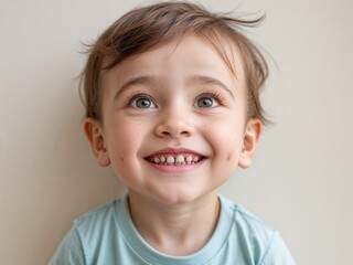 cute little boy smiling warmly and joyfully with natural brown hair, wearing a t shirt, plain background, portrait