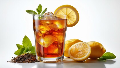 Fototapeta premium Refreshing Iced Tea with Lemon & Mint Garnish, Studio Shot