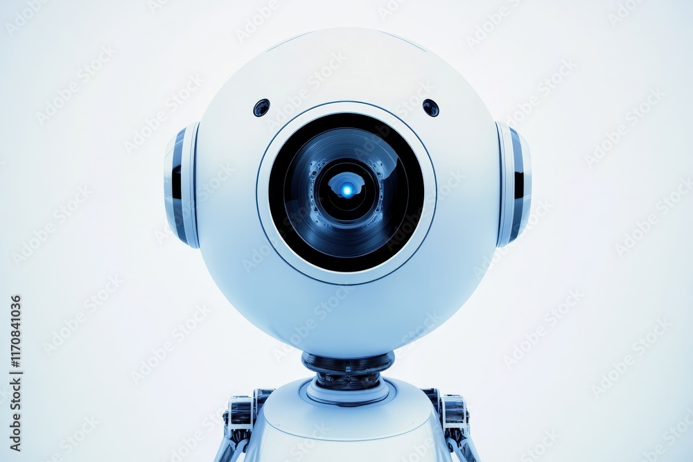 Poster robot with a large lens interacts in a modern space with a clean design