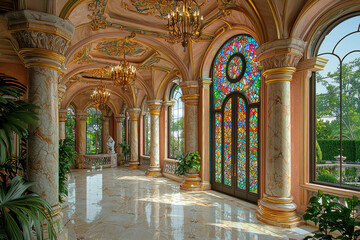 Obraz premium Opulent palace hallway with stained glass, marble floor, and chandeliers.
