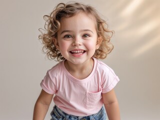Naklejka premium a cute beautiful toddler girl smiling happily wearing a pink casual clothes in plain background