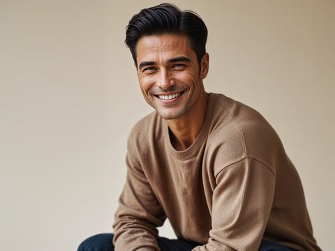 attractive handsome man smiling charismatically wearing casual shirt with plain background, professional studio portrait shot