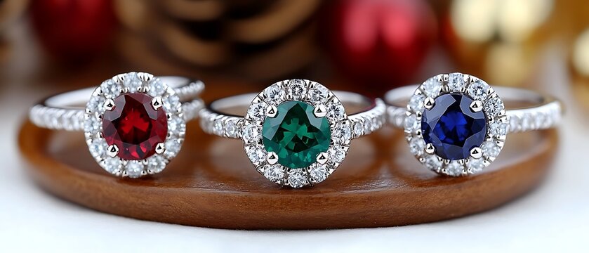 A trio of gemstone rings featuring emerald, sapphire, and ruby stones displayed on a polished jewelry holder, isolated on a sharp white background. 