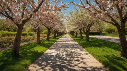 Fototapeta premium Cherry blossom trees lining a sunlit pathway in a peaceful park
