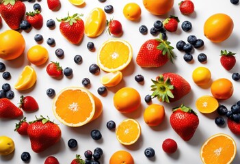 colorful vibrant fruits gently floating clean pure background creating inviting fresh visual experience, apple, orange, banana, grape, lemon, berry, kiwi