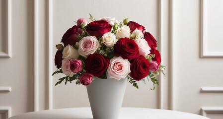 Vibrant bouquet of roses elegantly arranged in a white vase on a simple table in a softly lit room