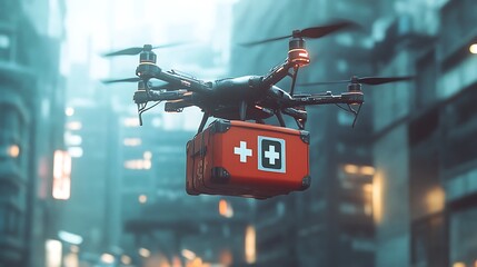 Drone delivering medical supplies over a city.
