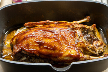 Traditional Roasted Stuffed Christmas Peking Duck with Herbs and Vegetables. Chinese food. Food concept