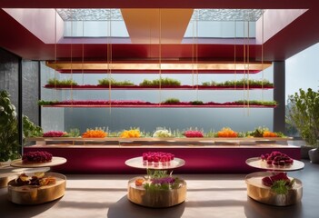 Fototapeta premium suspended eye catching showcase dynamic food elements featuring colorful arrangements unique presentations, artistry, appeal, atmosphere, beauty