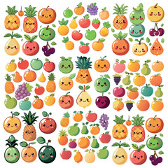 Fun fruit collection with apples, pears, grapes and other healthy foods in faces