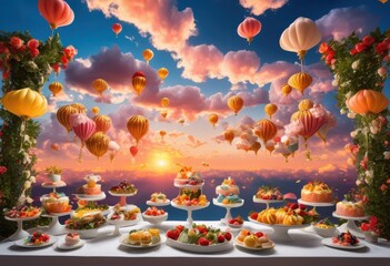 whimsical floating food displays stunning unique menus featuring vibrant colors creative arrangements, abundance, appeal, artistic, aroma, beautiful