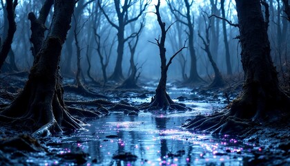 Fototapeta premium Enchanted Twilight Forest: Mystical Swamp, Glowing Flora, Dark Trees