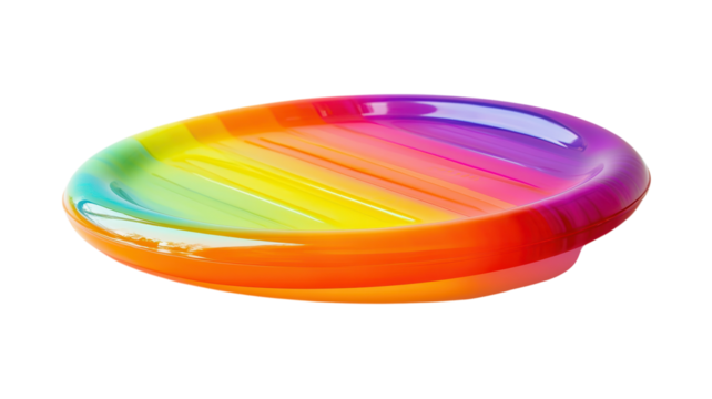 A Vibrant Plastic Frisbee Resting on a White Surface Perfect for Outdoor Activities, Games, and Summer Fun.