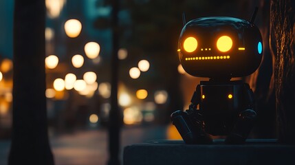 Small robot sits on a ledge at night, city lights blurred in background.