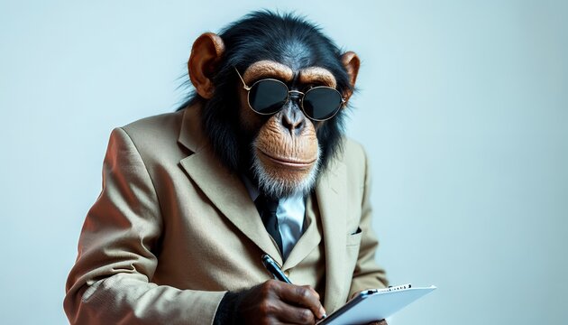 Sophisticated Chimpanzee in Suit, Writing Notes, Cool Sunglasses