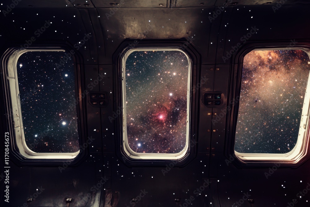 Poster views of the cosmos from a spacecraft's observation windows in deep space