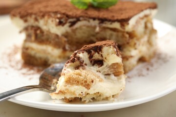 Piece of tasty tiramisu on table, closeup