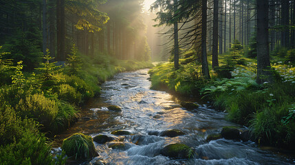 Obraz premium Serene Forest Stream Surrounded by Lush Greenery and Tall Trees