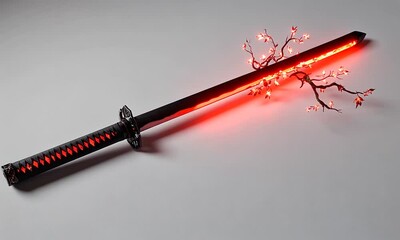 A stylized sword with a glowing red design and intricate details, resembling a fantasy weapon.