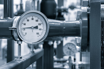 Industrial  concept. equipment of the boiler-house, - valves, tubes, pressure gauges, thermometer....