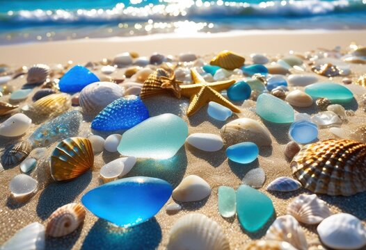 vibrant ocean treasures shimmering crystal clear tidal waters under bright sunshine, waves, shore, beach, sand, shells, rocks, tide, light, reflection - Powered by Adobe