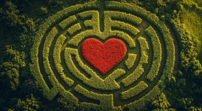Aerial view of the heart-shaped floral masterpiece located in the circular maze. A romantic landscape design with vivid red flowers in the middle of a mysterious space. 2