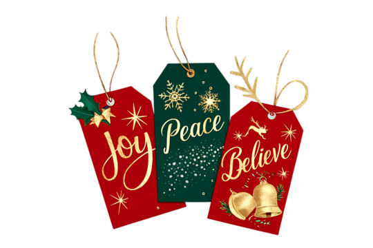 Festive Christmas Gift Tags with Joy/Peace and Believe. Three Christmas gift tags in red and green featuring gold foil text and illustrations