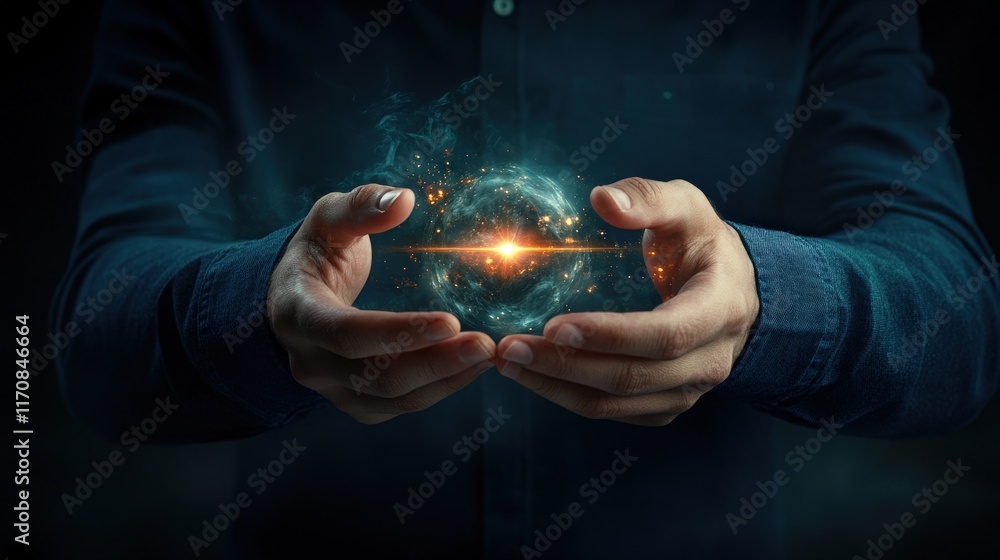 Poster Mysterious Hands Holding a Glowing Sphere of Energy Surrounded by Ethereal Light in a Dark Enigmatic Setting, Symbolizing Power and Creation