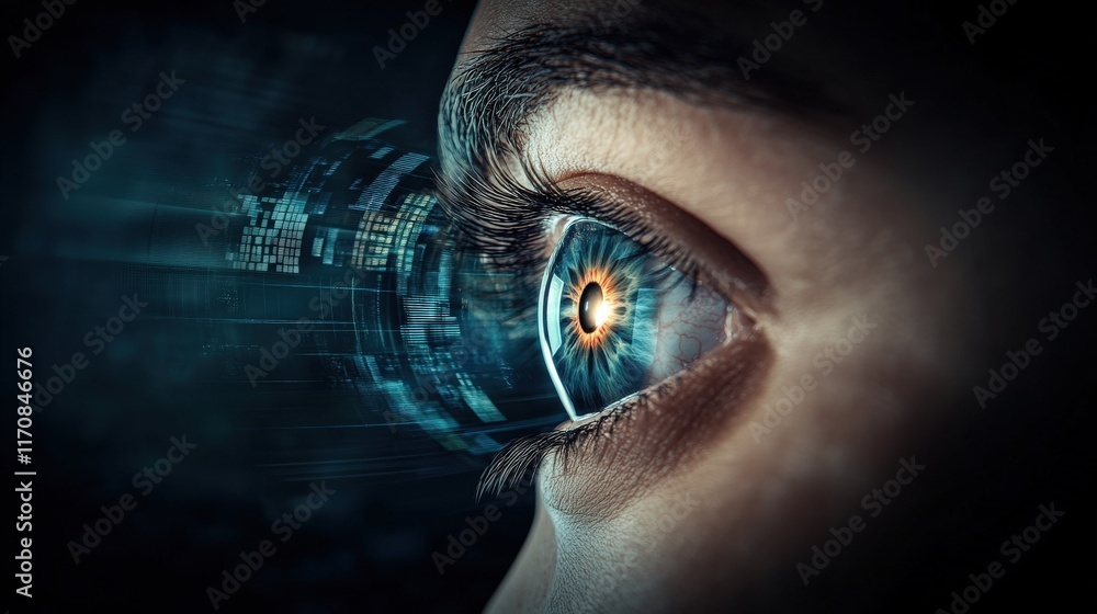 Poster Close-Up of Human Eye with Digitized Effects Representing Data and Technology, Symbolizing Vision and Innovation in a Futuristic Context