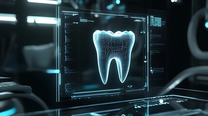 Futuristic dental scan shows detailed tooth structure on a digital screen.