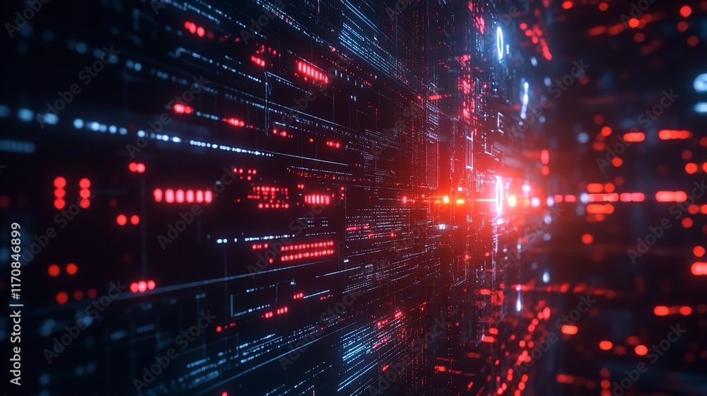 Poster abstract digital red blue data stream network technology background code glow dark neon flow cyber