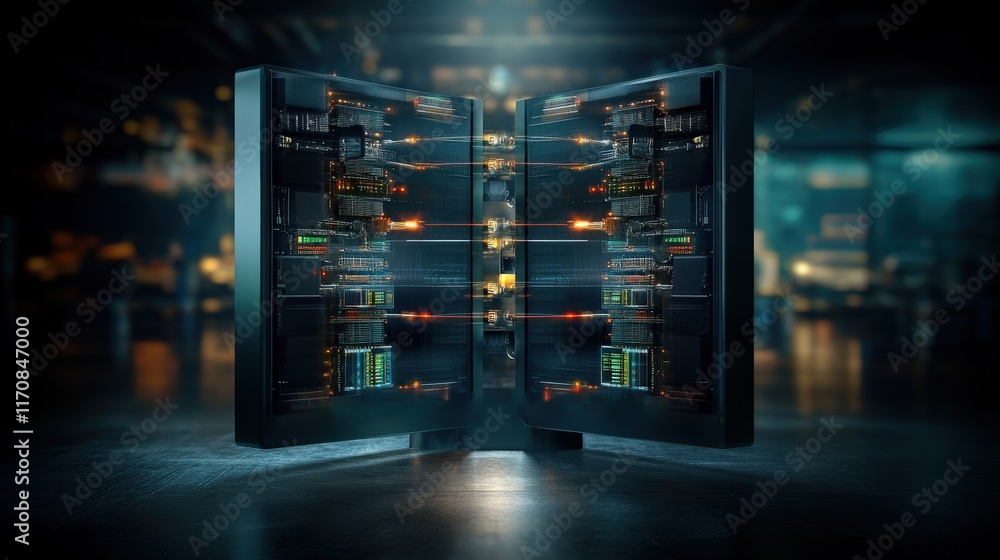 Poster High-Tech Data Center With Open Server Racks Illuminated By LED Lights and Glowing Digital Displays in a Modern Industrial Environment