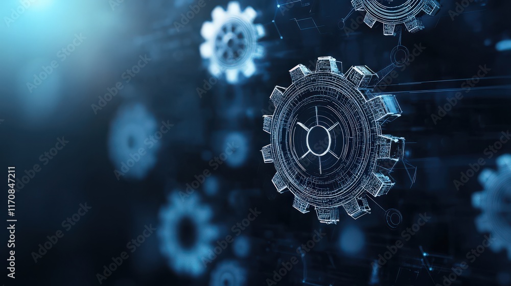 Poster Abstract Digital Background Featuring Interconnected Gears Illustrating Mechanics, Technology, Innovation, and Engineering Concepts in a Futuristic Setting
