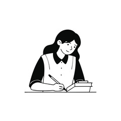 A young woman in a school uniform diligently writes in a notebook, focused on her studies Hand drawn Doodle line art flat vector illustration on white background