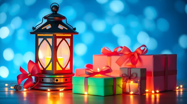 stock photo Bioluminescent glow. Pastel colors. Still life with lantern and wrapped gifts against a dreamy blue bokeh background. 