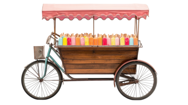Vintage Bicycle Cart Selling Popsicles Perfect for Summer Events, Street Festivals, or Adding a Nostalgic Touch to Your Outdoor Gatherings.